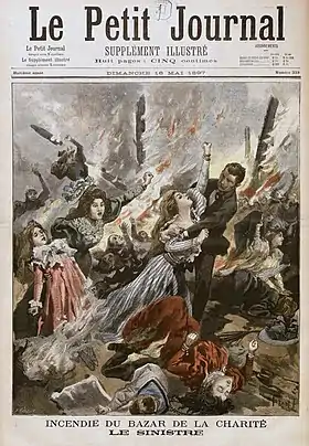 « Incendie du Bazar de la Charité :  le sinistre ». Gravure de Fortuné Méaulle(d'après un dessin d'Osvaldo Tofani).Une du Supplément illustré du Petit Journal du 16 mai 1897.