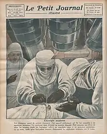 Illustration de chirurgiens opérant un patient en couverture d'un journal.