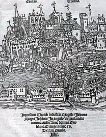 Le « pont couvert » au début du XVIe siècle, dans la Gesta Tholosanorum de Nicolas Bertrand (1515, Archives municipales).