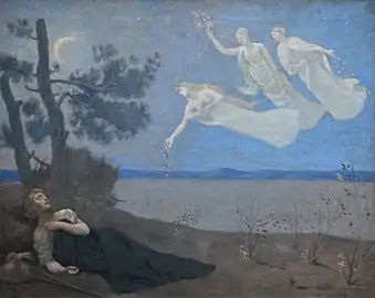 Tableau représentant un homme dormant dans un décor désertique, sous la Lune. Trois femmes fantomatiques apparaissent dans le ciel, l'une tend une couronne de lauriers, les deux autres sèment des pétales de fleurs.