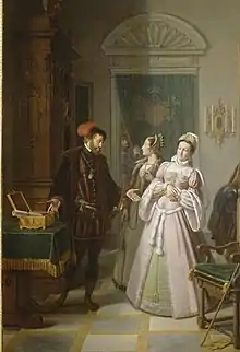 Peinture en couleurs d'un homme et d'une femme dans un palais Renaissance.
