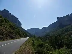 Les gorges de la Jonte entre Le Rozier (à gauche) et Peyreleau (à droite).