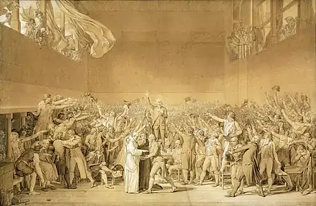 Dessin à la craie dont le focus est au centre, où un homme est debout sur une table. Au-dessous de lui, trois hommes forment un groupe, joignant les mains. Autour d'eux se trouvent des douzaines d'hommes qui lèvent la main. Des gens regardent depuis les fenêtres.