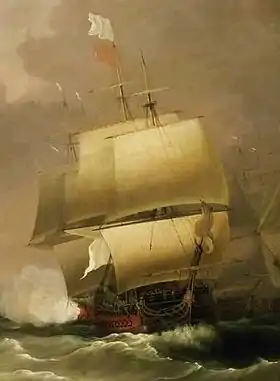 Peinture montrant un trois mâts au combat.