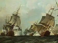 Le Soleil Royal, à gauche, combattant le HMS Royal George. Le navire cette fois encore, est représenté sous la forme d’un trois-ponts, probablement pour donner un aspect plus égalitaire au duel des deux amiraux. (Richard Paton)