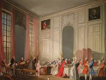 Une peinture représentant un grand groupe de personnes dans une pièce au plafond très haut.