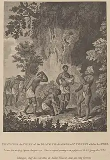 Chatoyer the chief of the black Charaibes in St-Vincent, with his five wives. Drawn from the life by Agostino Brunyas - 1773.