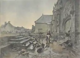 Reproduction d'une peinture représentant Charette debout à l'entrée d'un église, entouré de soldats vendéens, tués, blessés ou en train de combattre.