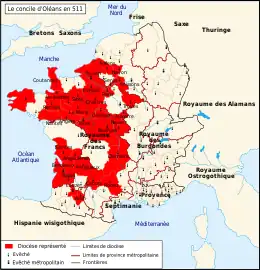 Carte de France représentant en rouge les diocèses représentés au concile d'Orléans (511)