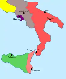 Carte de la Sicile et de l'Italie du Sud indiquant la conquête normande au onzième siècle