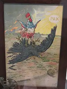 Affiche de propagande montrant le coq français vainqueur de l'aigle allemand, après la Première Guerre mondiale.