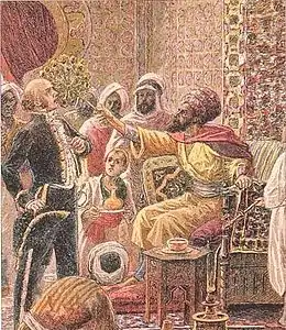 Tableau représentant un pacha turc assis sur son trône qui brandit un éventail vers un homme habillé de façon européenne, la scène se situe dans un palais de style oriental.
