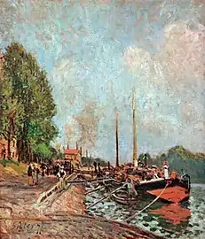 Sisley, Le déchargement des péniches à Billancourt, 1877.