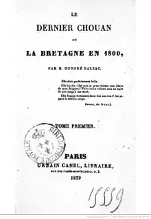 Couverture en noir et blanc d'un livre sans illustration sur lequel est écrit : Le dernier chouan ou la Bretagne en 1800, par Honoré de Balzac.