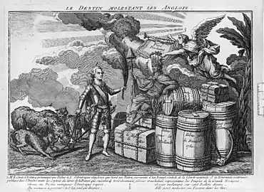 Le destin molestant les Anglois, caricature française montrant l'amiral français d'Estaing arrachant aux Anglais le commerce des Amériques, 1780.
