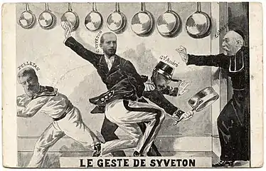 Le geste de Syveton, photomontage où figurent le général André, Camille Pelletan et Émile Combes, devant une batterie de casseroles (terme d'argot pour « délateur »).