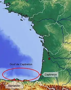 Le gouf de Capbreton sur une carte du golfe de Gascogne