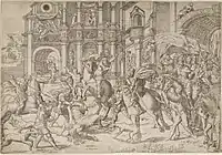 Le meurtre de Jézabel, gravure anonyme d'un membre de l'École de Fontainebleau (1550).