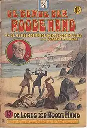 Couverture d'un roman titré « De bende der roode hand » sur laquelle sont représentés deux hommes en agressant deux sur une plage, avec un visage d'un homme en médaillon.