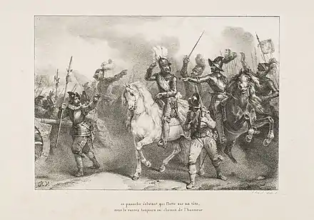 Lithographie montrant une armée à cheval, entourant un homme cuirassé qui montre son panache blanc surmontant son casque