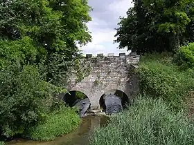 Le pont-aqueduc des Arvaux (commune de Noiron-sous-Gevrey en Côte-d'Or) créé par les moines cisterciens de l'abbaye de Cîteaux. La Varaude coule sous les deux arches du pont-aqueduc.