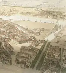 Dessin aérien montrant le port Ayrault et l'ancienne île des Luisettes en cours d'urbanisation (1848).
