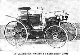 Le quadricycle Peugeot Type 3 de Paris-Brest-Paris en 1891, piloté par Louis Rigoulot ingénieur et Auguste Doriot contremaître.