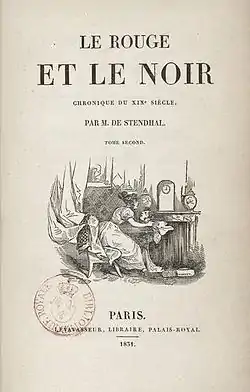 Le Rouge et le Noir de Stendhal, couverture beige avec dessin à l'encre d'une jeune femme attablée face à une tête d'homme coupée.