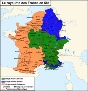 Royaumes francs en 581.