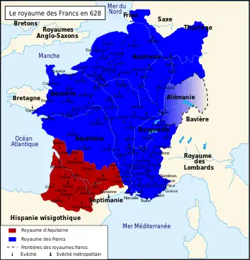 Le regnum francorum (royaumes francs) et le royaume d'Aquitaine en 628