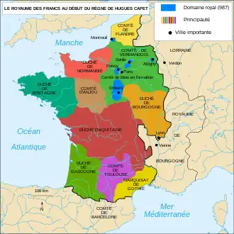 Royaume de France et royaume de Bourgogne sous le roi Hugues Capet en 987.