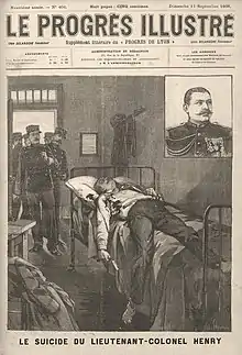 Suicide du lieutenant-colonel Hubert Henry dans une cellule de la forteresse du Mont-Valérien (Le Progrès illustré, 1898).
