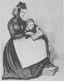 Une femme en costume national islandais apprend à lire à un enfant, Sigurður málari.