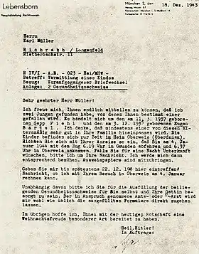 Lettre du bureau du Lebensborn au Reichsdeutsche à la famille Herr Müller en Allemagne pour l'informer que deux garçons parfaits ont été trouvés pour eux et qu'ils peuvent choisir lequel adopter. Les noms des enfants ont déjà été germanisés. Date : 18 décembre 1943