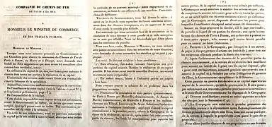 Exposé soumis au Gouvernement par la compagnie du chemin de fer de Paris à la mer. Lebobe à Paris, 3 avril 1839.