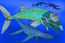 Reconstitution d'un Liopleurodon en train de nager aux côtés d'un Leedsichthys, ces deux animaux apparaissant dans le documentaire étaient présentés dans une exposition basée sur cette dernière.