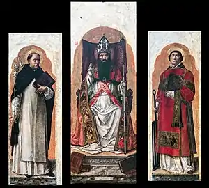 Bartolomeo Vivarini. Polyptyque : saint Dominique, saint Augustin et saint Laurent, 1473.Tempera sur panneau. Basilique de San Zanipolo