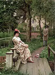 Jeune fille assise sur un parapet, l'air sérieux. L'amoureux éconduit s'éloigne tristement sur le chemin