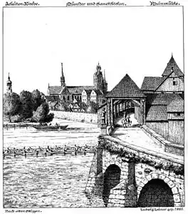 Ludwig Leiner : le vieux pont du Rhin à Constance, dessiné en 1885 selon de plus vieux croquis.