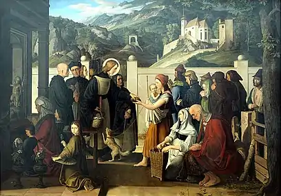Saint Roch  distribuant des aumônes de Julius Schnorr von Carolsfeld (1817), musée des Beaux-Arts de Leipzig, Allemagne.