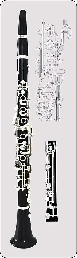 Clarinette allemande 1905 (Oehler), avec 22 clefs, 5 anneaux et un plateau, avec clefs de pavillon ajoutées plus tard pour renforcer mi et fa graves