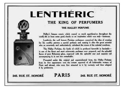 Le parfum de la comète de Halley : un produit destiné au marché américain vendu sous flacon en cristal taillé (1911).