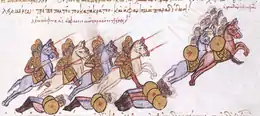 Photographie de la page d'un manuscrit montrant un groupe de cavaliers mettant en fuite un autre groupe de cavaliers.