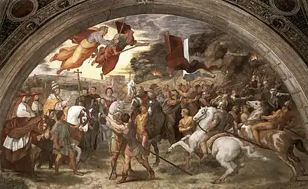 Image à fresque sous un arc architectural sous deux registres,  avec à l'arrière-plan une représentation du Colisée, d'un aqueduc, d'une basilique et d'un obélisque. Attila et son armée sont pétrifiés par l'apparition dans le ciel des saints Pierre et Paul armés d'une épée.
