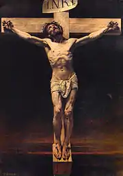 Tableau d'un grand Christ en croix le buste creusé, les yeux au ciel, sur fond sombre presque uni.