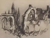 Croquis de Léon Huygens, peintre belge, montrant les ruines de l'église de Nieuport.