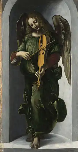 Ange musicien en vert jouant de la vièle (Attribution, entre 1490 et 1499, Londres, National Gallery).