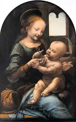 Peinture de la Vierge Marie qui, tenant sur ses genoux l'Enfant Jésus, lui tend une fleur qu’il observe et touche.