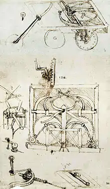 Dessin crayonné représentant un tricycle comportant des mécanismes et des ressorts vu sous différents angles.
