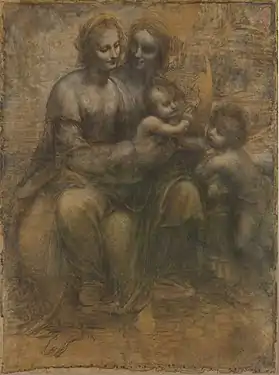 Dessin représentant une femme assise sur les genoux d'une autre qui tient dans ses bras un bébé qui se tourne vers un enfant debout, appuyé sur le genou de la première.